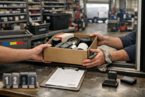 Mostrador de piezas conectado con backoffice, documentación desenfocada y cajas neutras de recambios, sugiriendo coordinación de mantenimiento de flotas.