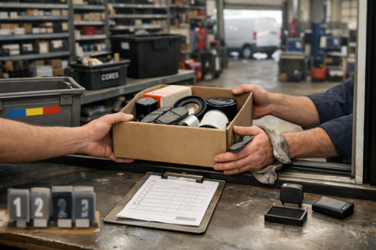 Cómo gestionar el mantenimiento de flotas desde el departamento de piezas 6 Mostrador de piezas conectado con backoffice, documentación desenfocada y cajas neutras de recambios, sugiriendo coordinación de mantenimiento de flotas.