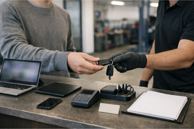 Recepção de oficina com computador desfocado, agenda de serviço e documentação sem texto legível, sugerindo uso de CRM para acompanhar e fidelizar clientes.