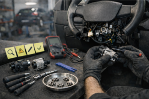 Interior de um carro numa oficina: mãos de um mecânico com luvas pretas a segurar um comutador de ignição cilíndrico enquanto solta um parafuso com chave de precisão, com chicotes e conectores visíveis sob a coluna de direção; na bancada ao lado há multímetro, ferramentas e duas peças (comutador antigo e novo) para ilustrar a substituição.