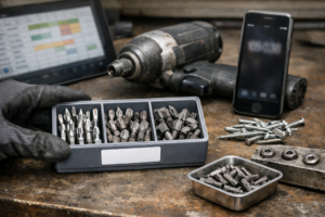 Technicien en atelier comparant des embouts de vissage professionnels usés et neufs sur un établi, avec visserie, porte-embouts, perceuse/visseuse, carnet de notes et calculatrice — scène illustrant le calcul du coût total de possession (TCO) en usage pro.