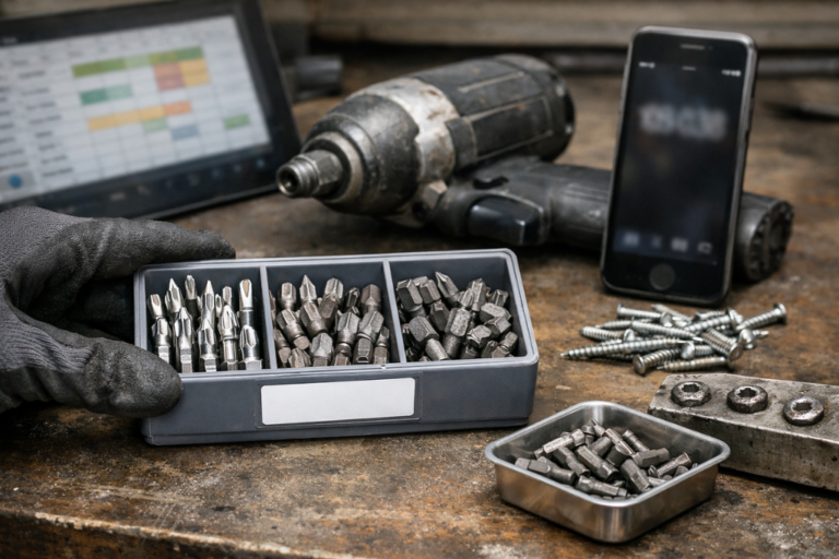 Coût total de possession (TCO) des embouts de vissage pro : le calcul. 2 Technicien en atelier comparant des embouts de vissage professionnels usés et neufs sur un établi, avec visserie, porte-embouts, perceuse/visseuse, carnet de notes et calculatrice — scène illustrant le calcul du coût total de possession (TCO) en usage pro.