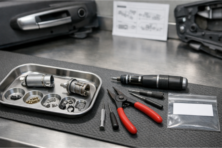 Démontage et remontage du cylindre de serrure : erreurs à éviter pour l'atelier. 2 Cylindre de serrure automobile démonté sur un établi, avec goupilles et ressorts triés dans un plateau aimanté et outils fins à proximité.