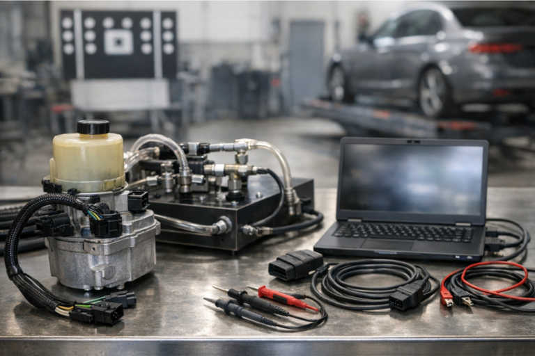 Diagnostic et réparation des servopompes électroniques : spécificités (ADAS). 1 Servopompe électro-hydraulique et outils de diagnostic sur un établi, avec câbles et flexibles de test, zone ADAS floue en arrière-plan.
