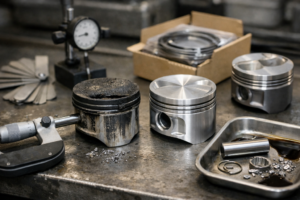 Pistón de motor y segmentos sobre una mesa de taller, junto a biela, bulón y herramientas de medición, con un bloque motor desenfocado al fondo.