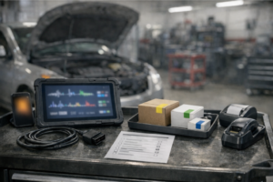 Backoffice de taller con equipo de diagnosis y ordenador con pantalla desenfocada, documentación técnica borrosa y cajas neutras de recambios, sugiriendo diagnóstico remoto previo.