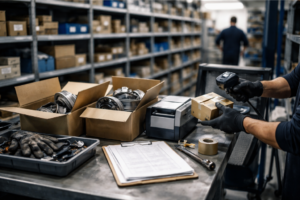 Estratégias de gestão de stock de peças para oficinas 3 Mesa de trabalho num armazém de peças automóvel com caixas neutras abertas e peças organizadas em bandejas, com estantes ao fundo.