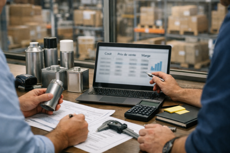 Évaluation des fournisseurs de produits anticorrosion : critère de marge (distributeurs). 3 Comptoir d’atelier automobile : technicien comparant des bidons de traitement anticorrosion génériques et une fiche de prix (texte illisible), avec pistolet d’application, plaque métal test, calculatrice et notes — scène illustrant l’évaluation de fournisseurs selon un critère de marge pour distributeurs.