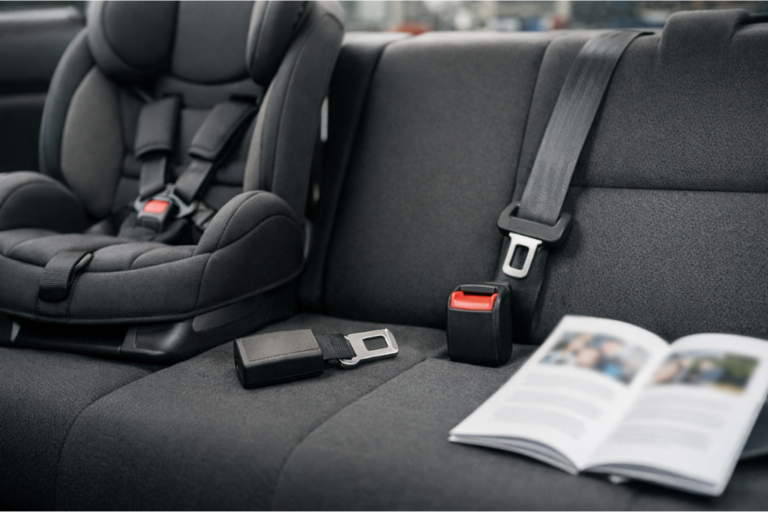 Extensor de Cinto de Segurança: Venda e aconselhamento sobre a segurança infantil 2 Extensor de cinto de segurança e cadeira infantil no banco traseiro de um veículo, com guia de segurança desfocada ao lado.
