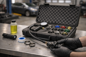 Banco de taller con varios extractores de rodamientos (de garras y de interior), separador de rodamientos y tornillería, mientras un mecánico con guantes ajusta el extractor sobre un cubo/rodamiento para retirarlo de forma segura.