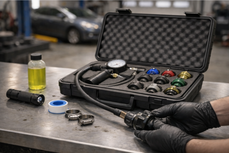 Banco de taller con varios extractores de rodamientos (de garras y de interior), separador de rodamientos y tornillería, mientras un mecánico con guantes ajusta el extractor sobre un cubo/rodamiento para retirarlo de forma segura.
