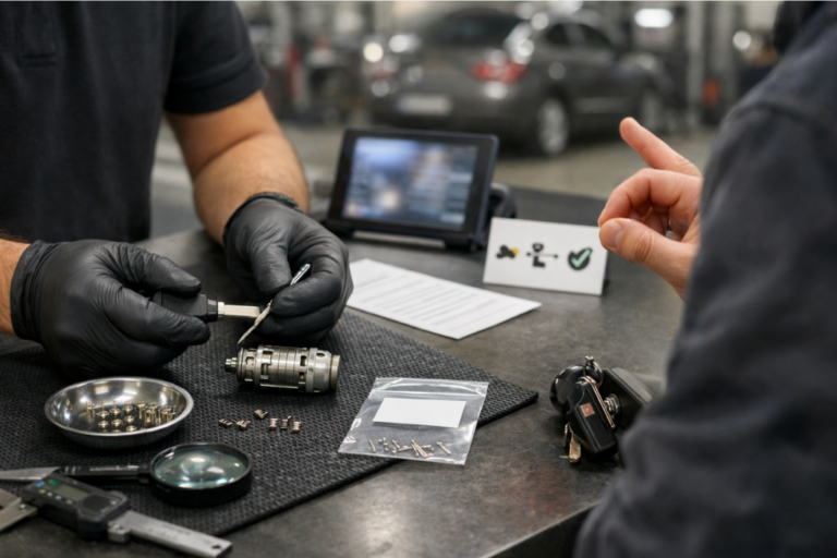 Fidéliser les clients avec des services de codage de cylindres de serrure. 15 Cylindre de serrure automobile démonté sur un établi, avec goupilles et ressorts triés dans un plateau aimanté et outils de précision à proximité.
