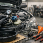 Kit de prueba de presión del sistema de refrigeración sobre una mesa de taller, con bomba manual, manómetro y adaptadores, junto a un motor/vehículo genérico desenfocado.