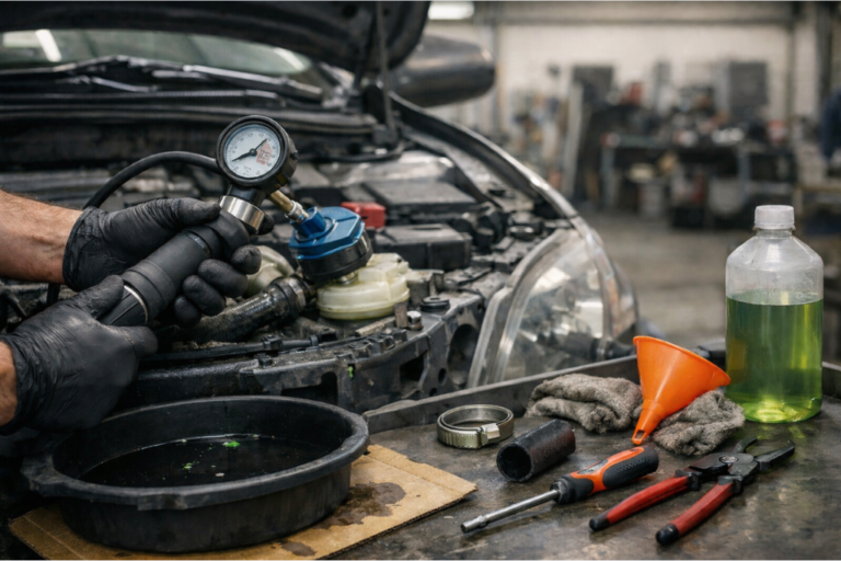 Kit de prueba de presión del sistema de refrigeración sobre una mesa de taller, con bomba manual, manómetro y adaptadores, junto a un motor/vehículo genérico desenfocado.