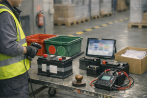 Employé d’après-vente en atelier/stock manipulant une batterie automobile retournée sur un chariot, avec étiquettes de retour floues, bacs de tri, terminal de scan et documents de garantie sur un comptoir — scène illustrant l’optimisation du flux de retours (caution/garantie).