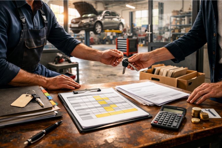 Guía completa para el traspaso de taller mecánico: Valoración y pasos 2 Recepción de taller con carpeta de documentos desenfocados, llaves y elementos de gestión sobre el mostrador, sugiriendo traspaso y valoración de un negocio.