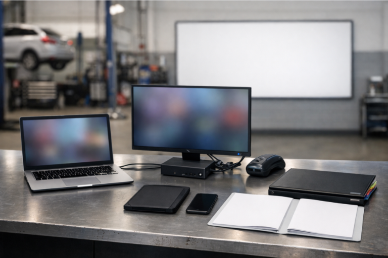 Balcão de oficina com portátil e tablet sem ecrãs visíveis, portapapéis com checklist desfocado e ferramentas organizadas, com a zona de oficina ao fundo.