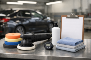 Polisseuse professionnelle, pads et produits de polissage disposés sur un établi en atelier, avec un panneau de carrosserie en arrière-plan flou.