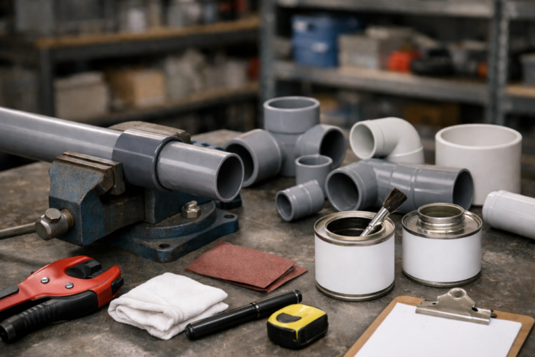 Guide technique PVC : usage atelier pour la soudure et la réparation de conduites. 6 Atelier technique : tube PVC et raccords posés sur un établi, avec outil de soudure/air chaud et accessoires de réparation, schéma de procédure flou en arrière-plan.