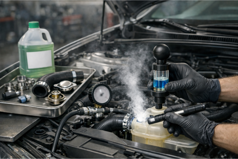 Humo Blanco del Motor: Causas Comunes, Diagnóstico y Soluciones para el Taller 2 Vano motor abierto con humo blanco fino saliendo cerca del sistema de refrigeración, mientras un técnico realiza comprobaciones de diagnosis en un taller.