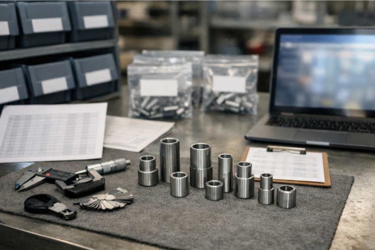 Identifier les entretoises complexes : les clés des références croisées OEM/IAM. 11 Entretoises et pièces de liaison posées sur un établi, avec pied à coulisse et outils de mesure, tableau de références flou en arrière-plan.