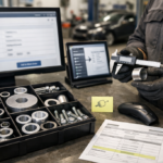 Comptoir d’atelier : bac compartimenté rempli d’entretoises et visserie, mécanicien mesurant une entretoise au pied à coulisse, avec écran affichant un logiciel de gestion atelier/DMS et une fiche article (texte illisible) — scène illustrant l’intégration du catalogue dans le système.