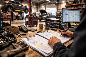 Atelier automobile avec zone de réception et poste de travail organisé, documents et écrans flous, suggérant le suivi de KPIs de productivité.