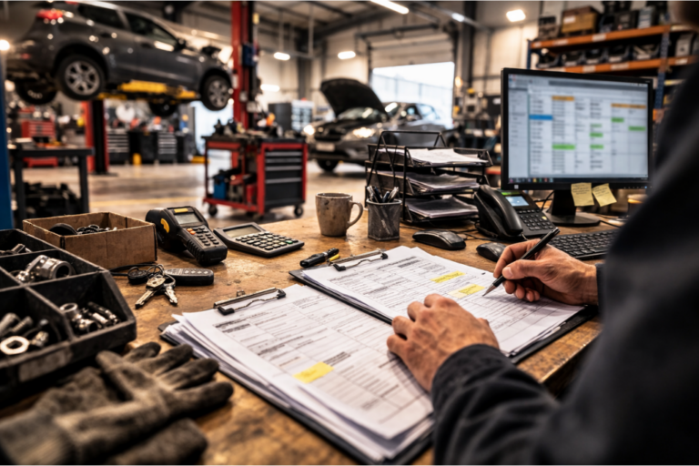 Atelier automobile avec zone de réception et poste de travail organisé, documents et écrans flous, suggérant le suivi de KPIs de productivité.