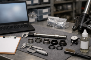 Axe de moto et entretoises démontés sur un établi, avec roulements, joints et outils de mesure, ordinateur à l’écran illisible en arrière-plan.