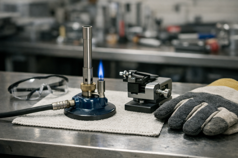 Le Bec Bunsen : un outil de chauffage d'appoint pour les réparations délicates. 7 Bec Bunsen allumé sur un établi d’atelier, avec petites pièces métalliques et outils de précision à proximité, zone de travail sécurisée en arrière-plan flou.