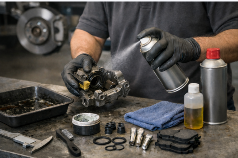 Limpeza de Freio e Pinça: Produtos e técnicas para uma manutenção eficaz 9 Mãos de um mecânico com luvas pretas a limpar uma pinça de travão numa bancada metálica, usando escova pequena e spray limpa-travões, com bandeja de líquido sujo, pano e consumíveis ao lado — cena técnica de manutenção eficaz de freios e pinças.