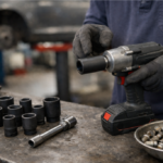 Llave de impacto en un banco de taller junto a vasos y accesorios, con un vehículo genérico desenfocado al fondo.