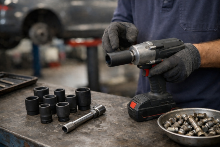 Llave de impacto en un banco de taller junto a vasos y accesorios, con un vehículo genérico desenfocado al fondo.