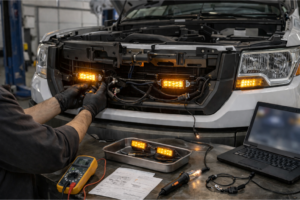 Instalación de módulos LED estroboscópicos ámbar en un vehículo de servicio dentro de un taller, con cableado protegido, relé y portafusibles montados de forma ordenada.