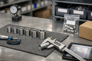 Entretoises métalliques et pièces de liaison (axe/roulements) posées sur un établi d’atelier, avec outils de contrôle et fiche technique floue en arrière-plan.