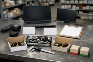 Bancada de trabalho num balcão de peças com várias caixas neutras abertas, componentes pequenos e fichas técnicas desfocadas, sugerindo verificação de referências cruzadas.