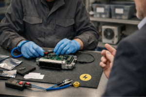 Poste de travail ESD en atelier : tapis antistatique, bracelet de mise à la terre et sachets antistatiques avec étiquettes neutres, outils électroniques à proximité.