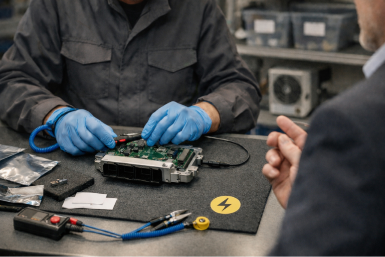 Offre de service "Protection antistatique" : attirer une clientèle pro spécialisée. 19 Poste de travail ESD en atelier : tapis antistatique, bracelet de mise à la terre et sachets antistatiques avec étiquettes neutres, outils électroniques à proximité.