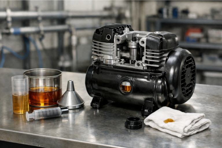 Óleo para Compressor de Ar: Tipo certo, manutenção e impacto na vida útil 3 Compressor de ar parcialmente aberto numa bancada, com funil e recipiente de óleo ao lado, em oficina industrial com fundo desfocado.