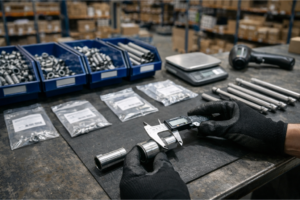 Technicien en entrepôt/atelier pièces moto triant des axes de roue et entretoises (variantes proches) sur un établi, mesurant une pièce au pied à coulisse, avec bacs de rangement, étiquettes floues et écran de stock au texte illisible — scène sur l’optimisation de la rotation de stock en marché secondaire.