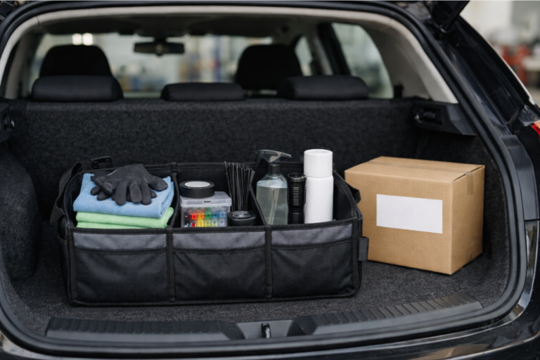 Organizador de Mala de Carro: Acessório ideal para complementar a venda de peças 1 Mala de um carro com organizador preto de compartimentos e uma caixa de cartão ao lado, com acessórios de manutenção neutros.