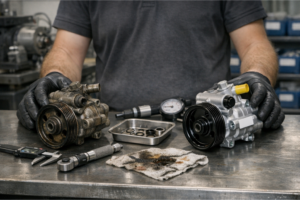 Atelier moderne : servopompe électro-hydraulique démontée sur un établi avec flexibles de test et outils de diagnostic, zone ADAS en arrière-plan flou.