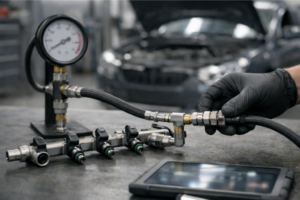 Kit de diagnostic de pression carburant sur un établi : manomètre, flexibles et raccords, avec injecteurs et outillage en arrière-plan flou.