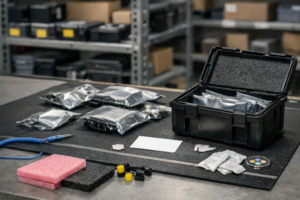 Zone de stockage ESD : sachets antistatiques et boîtes de rangement sur étagère, avec étiquettes neutres et poste de travail antistatique en arrière-plan.