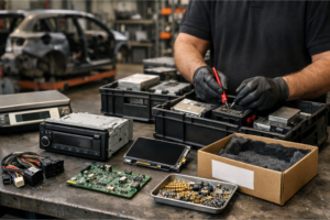 Technicien en atelier électronique automobile manipulant un module autoradio/infotainment démonté (écran et unité principale) sur un établi, avec bacs de tri, gants, tournevis et testeur — scène évoquant la récupération et la valorisation de pièces VHU.