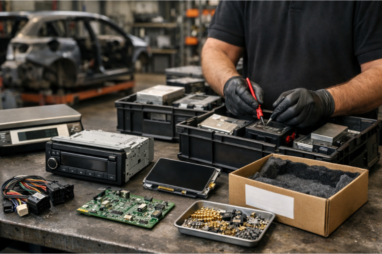 Recyclage autoradio/infotainment : la valeur des pièces électroniques VHU. 3 Technicien en atelier électronique automobile manipulant un module autoradio/infotainment démonté (écran et unité principale) sur un établi, avec bacs de tri, gants, tournevis et testeur — scène évoquant la récupération et la valorisation de pièces VHU.