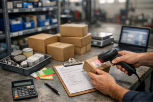 Backoffice de compras de recambios con cajas neutras abiertas, piezas pequeñas organizadas y documentos desenfocados, sugiriendo optimización de pedidos y costes.