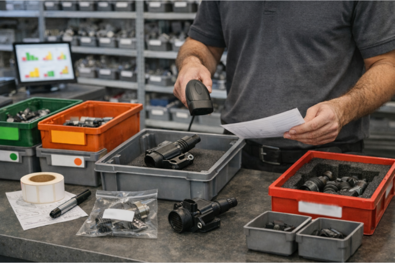 Réduction de l'obsolescence sur les pièces d'équipement moteur (concessionnaires). 1 Responsable pièces en concession triant des pièces d’équipement moteur sur une étagère (boîtes neutres), scannant une étiquette illisible, avec tableau de stock sur écran flou et bacs “à écouler” sur un chariot — scène illustrant la réduction de l’obsolescence et l’optimisation des stocks.