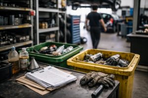 Atelier mécanique avec zone de tri des déchets et contenants industriels sans étiquettes lisibles, poste de travail propre et documents flous, suggérant la conformité réglementaire.