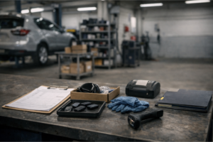 Atelier de carrosserie avec zone de préparation et poste de travail organisé, documents flous et outils, suggérant l’optimisation des processus et de la rentabilité.